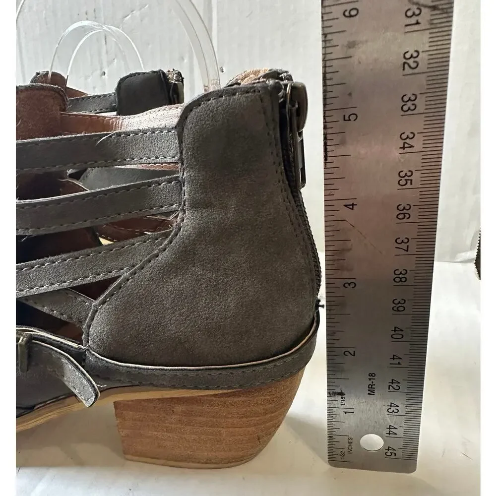 Size 8 Gray Pointy Toe Strappy Block Heel Ankle Boot Bootie Casual Staple Buckle